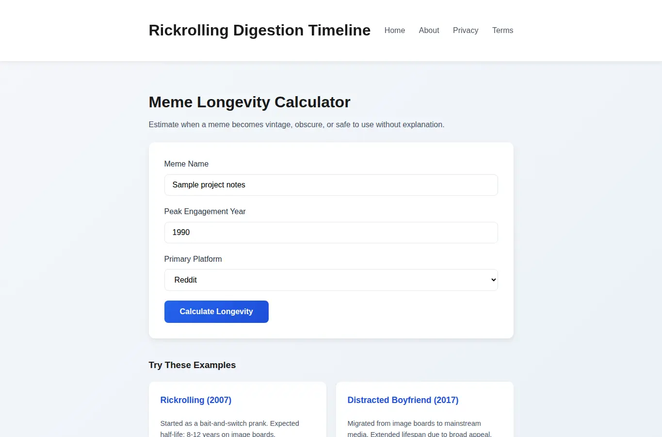 Screenshot of Rickrolling Digestion Timeline interface showing the project page in use